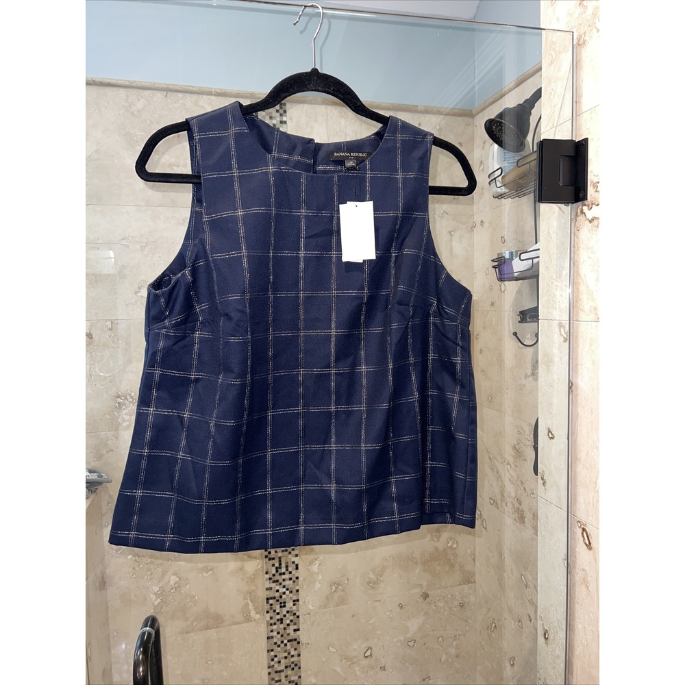 Banana Republic Shell Blouse Medium Sleeveless Navy Blue Plaid Gold Silver NWT